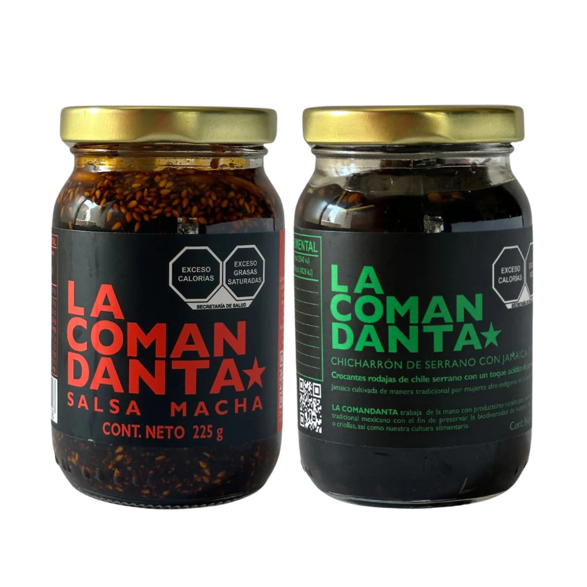 DUO PACK SALSA MACHA LA COMANDANTA (225g) + CHICHARRON DE SERRANO CON JAMAICA LA COMANDANTA (190g)